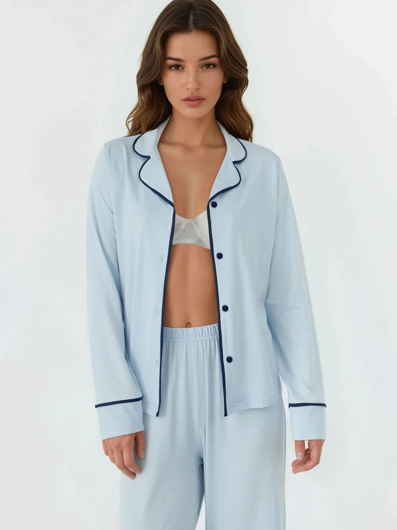HICCUP Baby Blue Relaxed Fit Long Sleeve Extra Soft Touch Pajama Set with Shirt Collar for Women | Best Price UAE